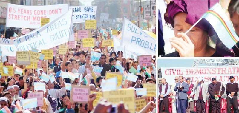 Fredom is coming:  (clockwise) People of different hues and shades voice their desire for an early political solution to the Indo-Naga issue. An elderly woman holds up the Naga flag while in a pensive mood. Rev Dozo, in the presence of  prominent public leaders, invokes the will of God to begin the Civil Demonstration for Early Solution held at the Clock Tower Junction, Dimapur on Monday, December 12. (MExPix)
